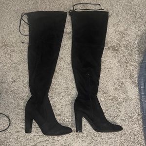 Black over the knee suede heeled boots